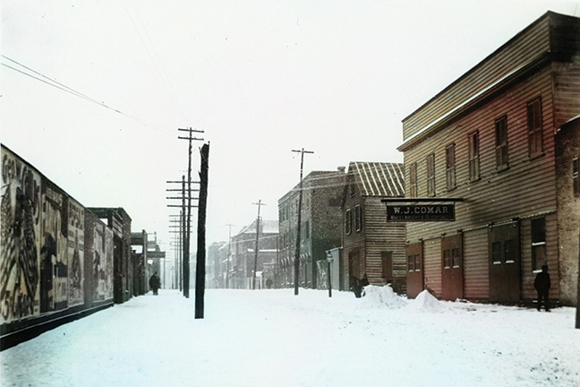 An Untraveled Street, circa 1899,  by Franklin Frost Sams A stark scene near W.J. Comar Wheelwright and Blacksmith (67-69 State Street)
