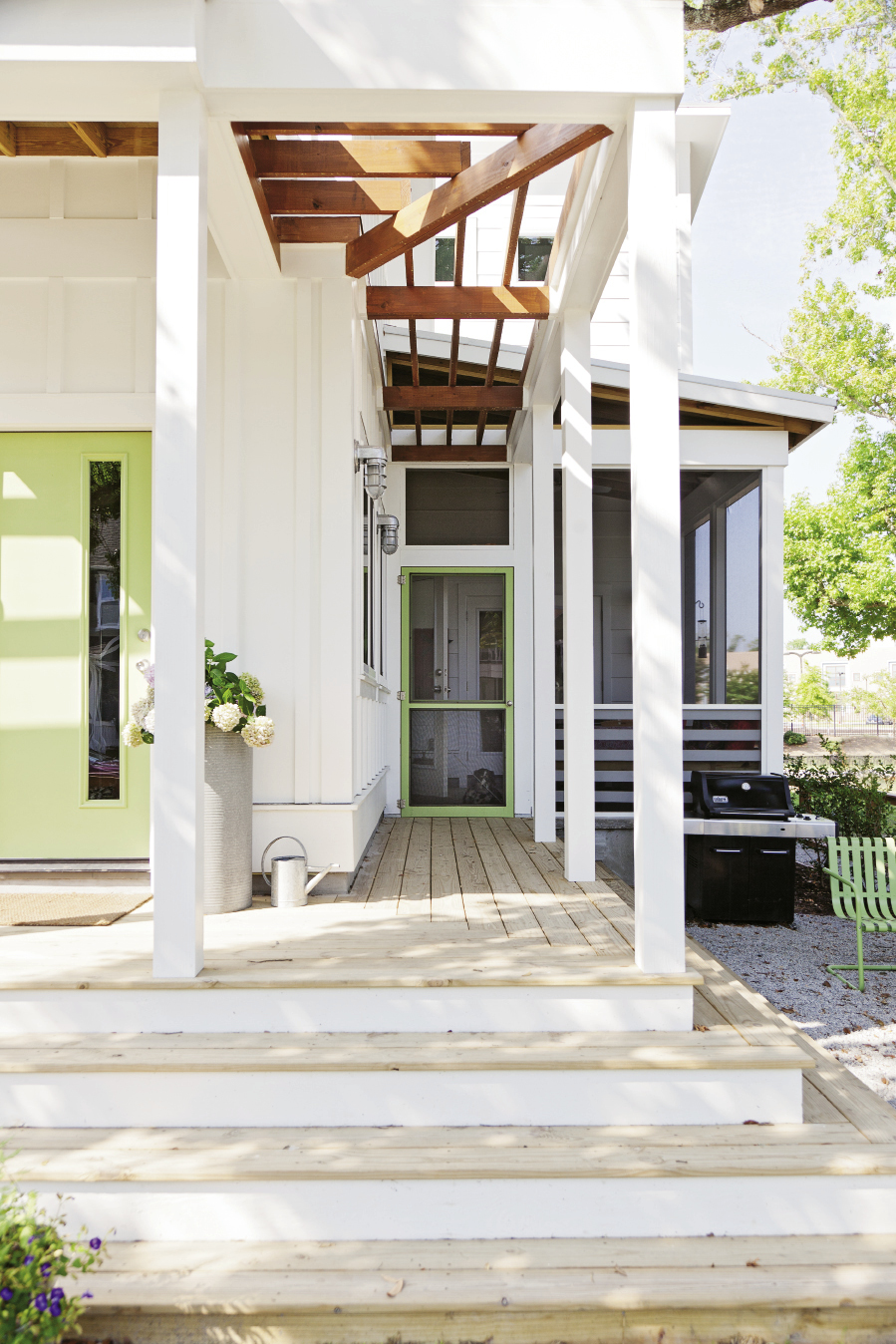 Waterfall steps provide spillover seating for the outdoor patio.