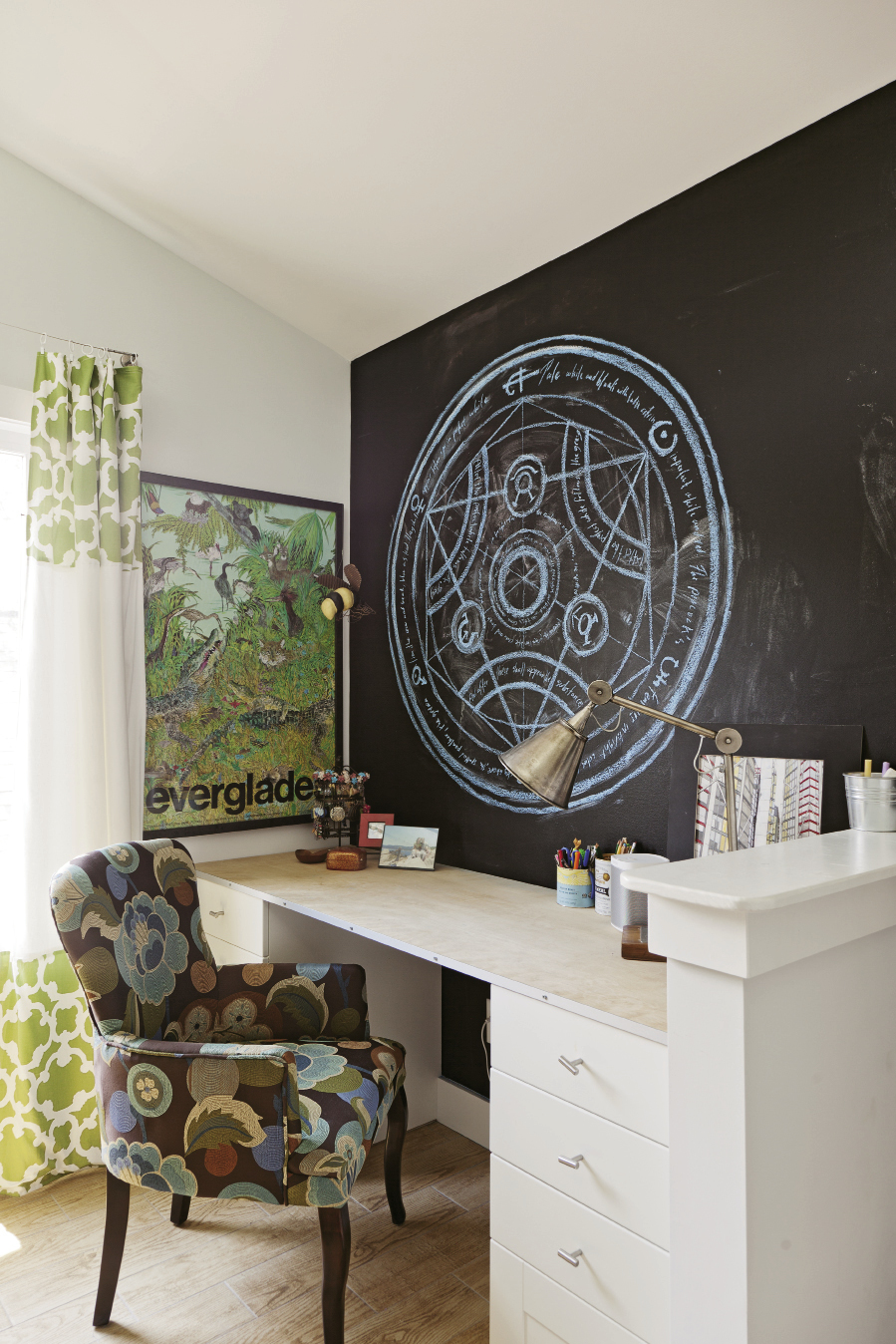 “I’m a big fan of built-ins,” Mathis says. In the girls’ rooms, she designed desks into the layout.