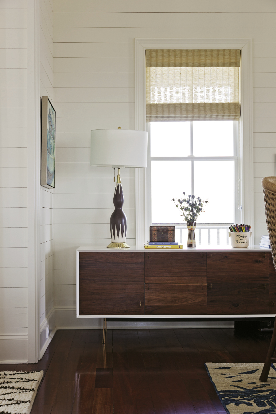 This lamp, purchased on eBay, is one of the couple’s favorite pieces in their second-floor living space.