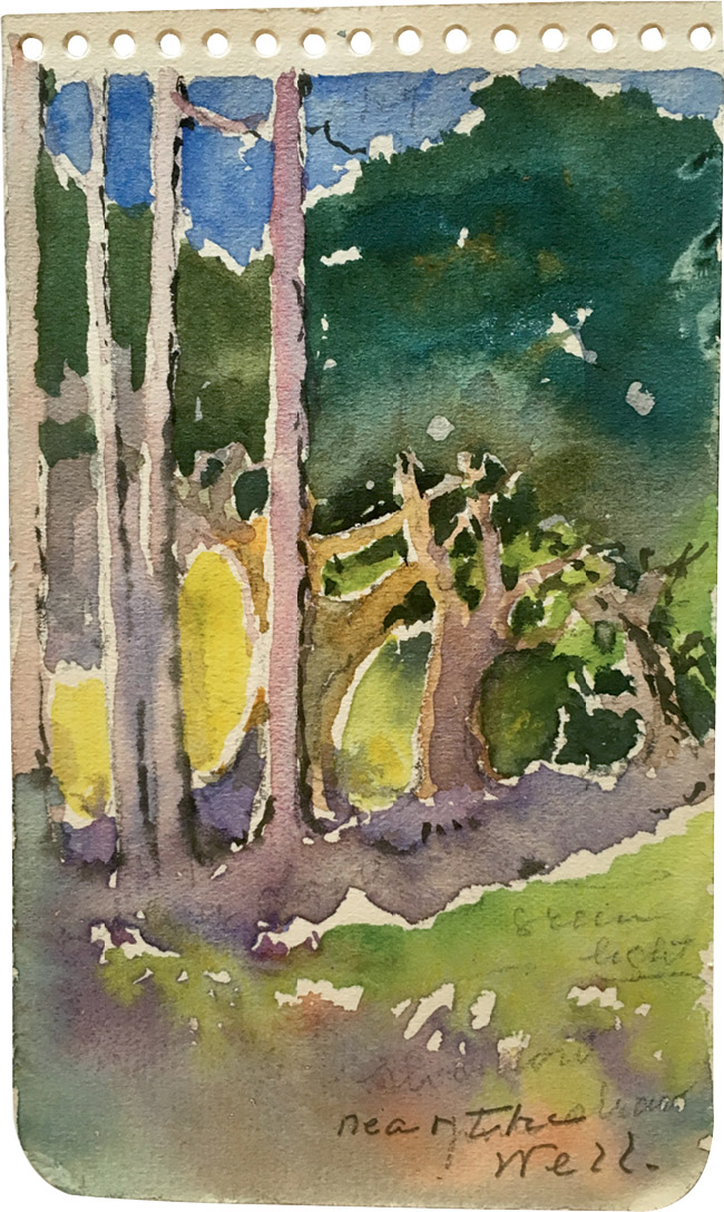 Miss Josephine Smith in Oak with Peacock (watercolor, 1924, courtesy of Charles H. P. Duell)