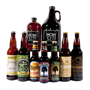 (clockwise from top left) Small growler of Holy City Slam