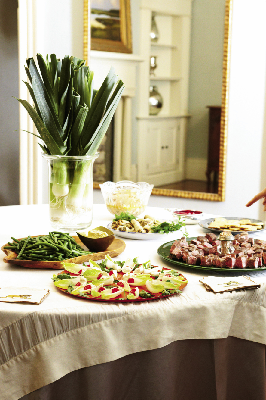 Roper House Old Fashioneds  Champagne Punch* Cheese Coins Endive with Boursin Cheese* Haricots Verts with Hummus Pickled Shrimp Pickled Turnips* Toasted Mushroom Rolls* Steak Bites Brown Butter Brownies*
