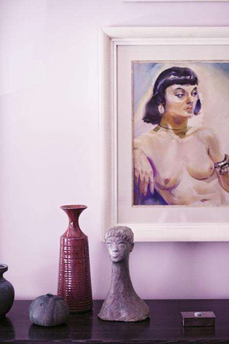 A 1950s South American painting and assorted pottery.