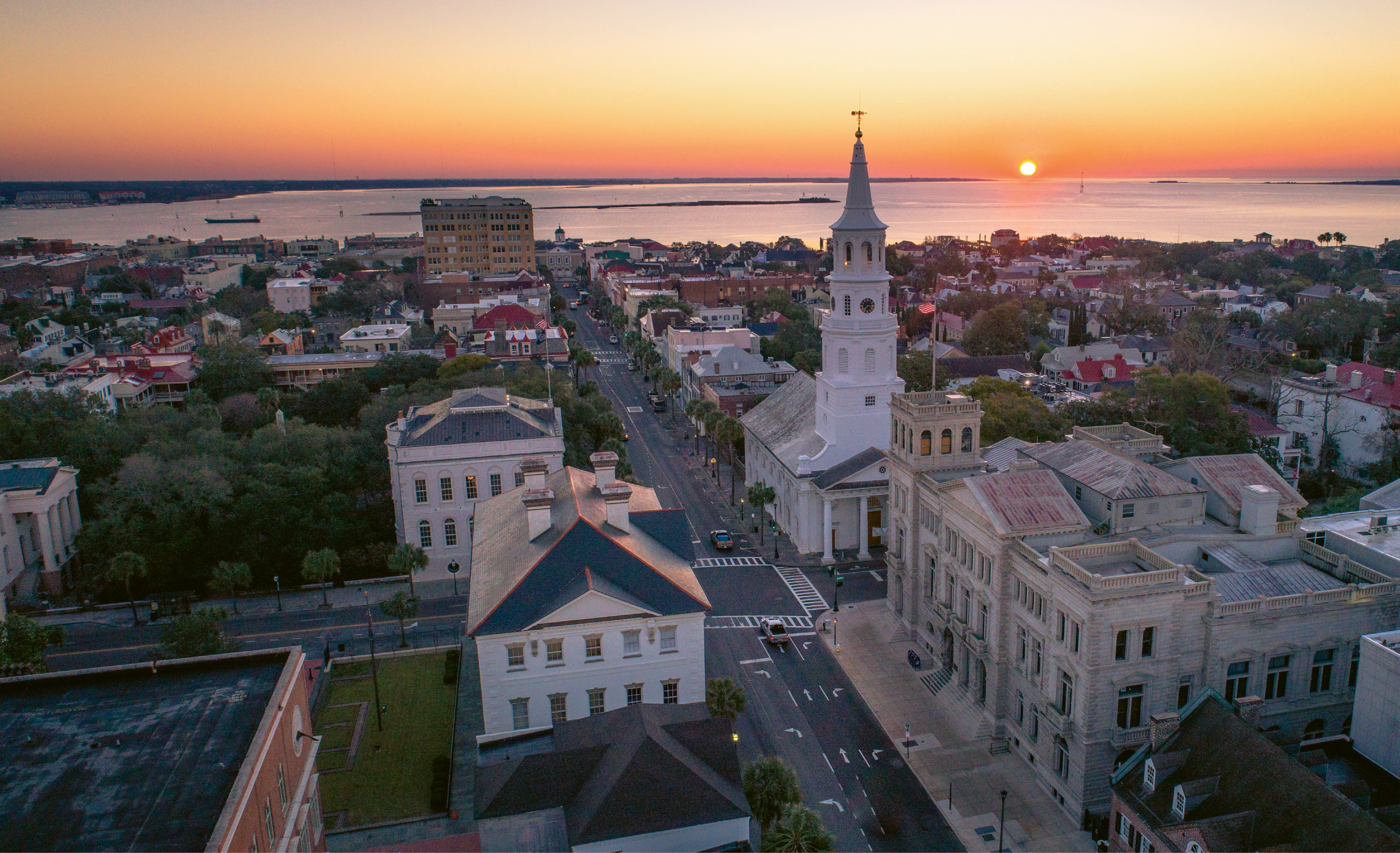 “Broad Street Sunrise”  {Altitude: 120 feet}  Sunrise over the Four Corners of Law, February 2018