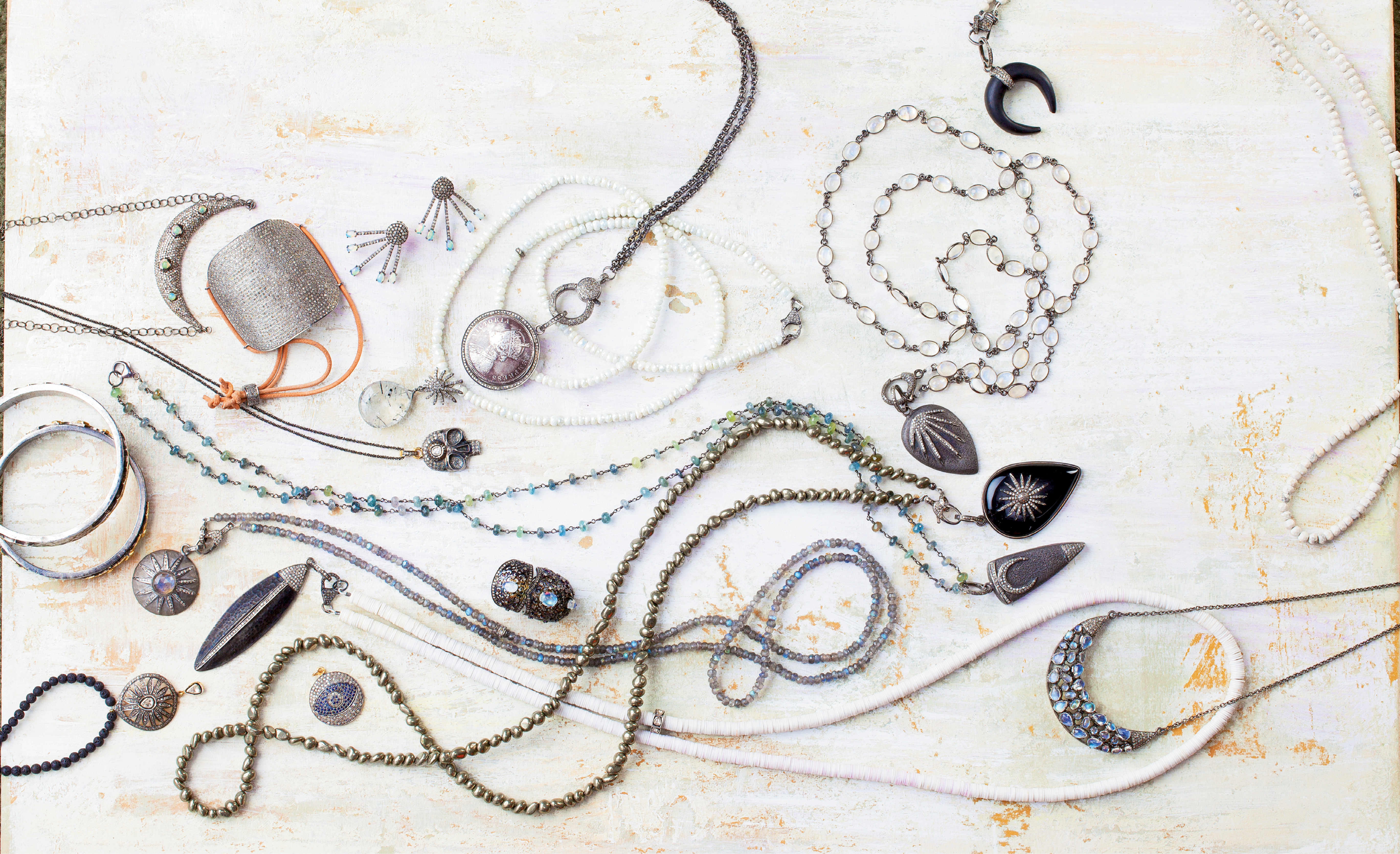 Jenny Thompson, Theodosia Jewelry: Armed with a love for vintage jewelry, the Columbia native and art history grad moved to Charleston in 2000 and began hunting down special vintage pieces and refashioning them with a modern edge. Boutique owners and buyers responded to her eclectic sensibility, and Theodosia was born. Over the years, the collections have evolved, and the young mother of three now sketches her own designs. Vintage flair shines through in the details, such as intricate pave diamond clasps. “Layers are important to me,” she explains. “I love mixing materials to create interesting textures.” Theodosia Jewelry is sold at boutiques across the country, including Hampden Clothing. See more at theodosiajewelry.com.