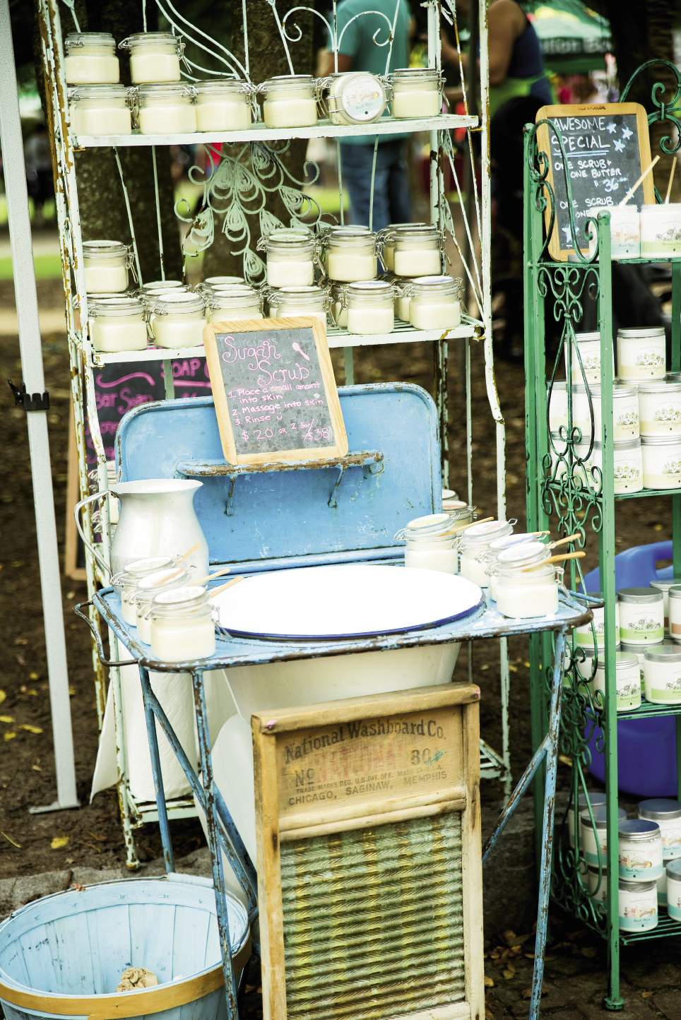 At the Charleston Soap Chef stall, customers can step up to this charming vintage sink to sample the offerings