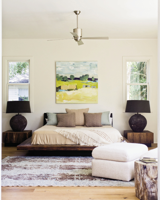 The peroba wood platform bed&amp;side tables are by Environment, painting is by Anne Keane through the Charleston Artist Collective