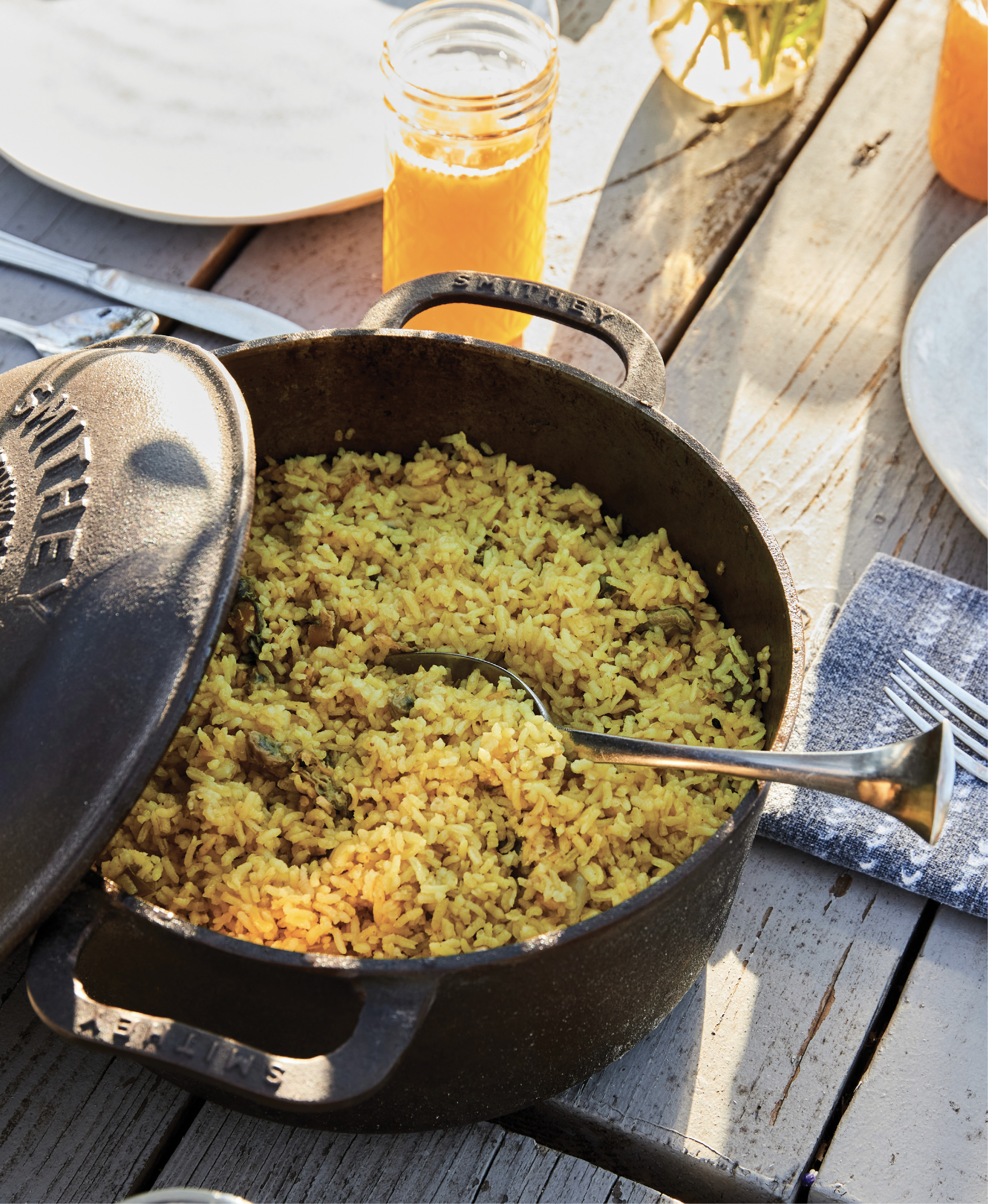Carolina Gold rice with tumeric and oysters cooked over coals.