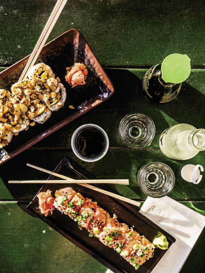 A couple of Lisa’s creations: the Scorpio Roll (top) combines shrimp, cream cheese, mango, almonds, and spicy sauce, and the Little Wahine (right) has spicy tuna, eel, fish roe, and scallions.