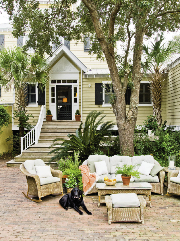 Fresh air: The rear courtyard with the family’s black lab, Julius.