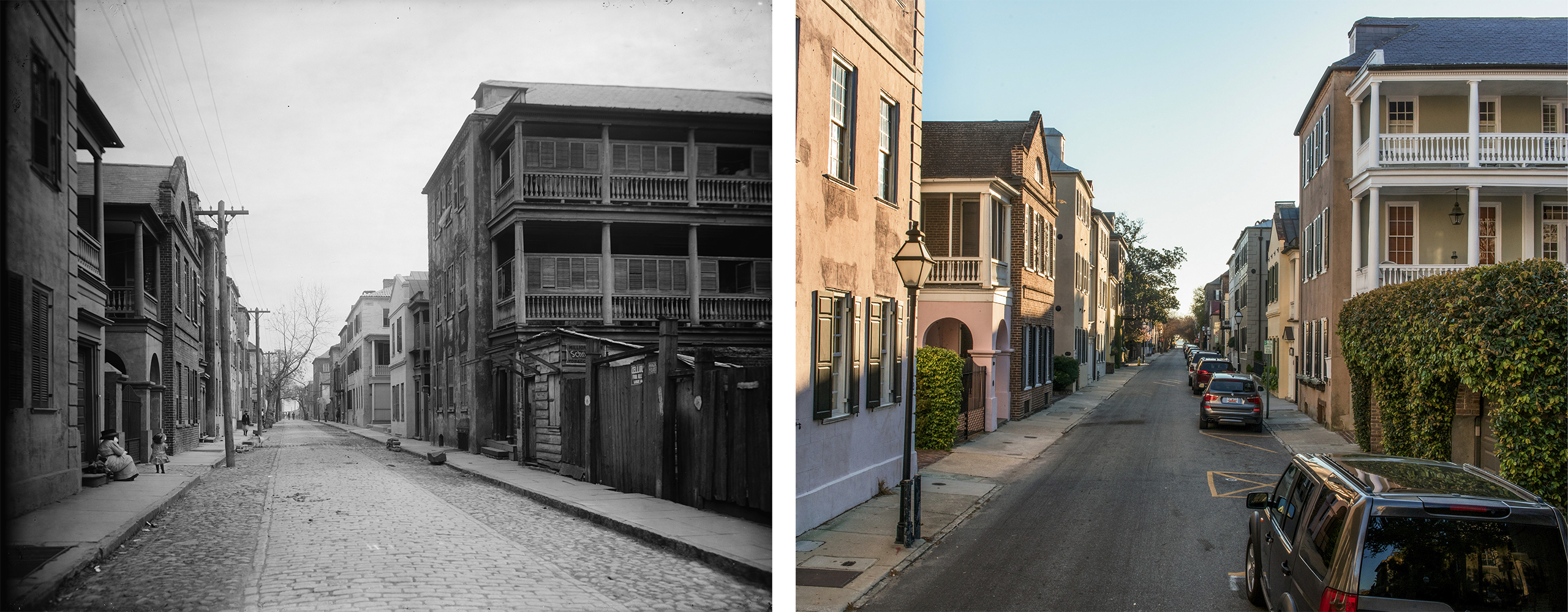 TRADD STREET: One of the earliest streets in the old walled city was named for William Tradd, whose house stood on the corner of Tradd and East Bay in the 1690s. In the early 1900s, this iconic east-west thoroughfare was still paved in cobblestone and brick. Gone are the silversmith shops and storefronts of the 18th century, and the homes are no longer in disrepair but impeccably restored.