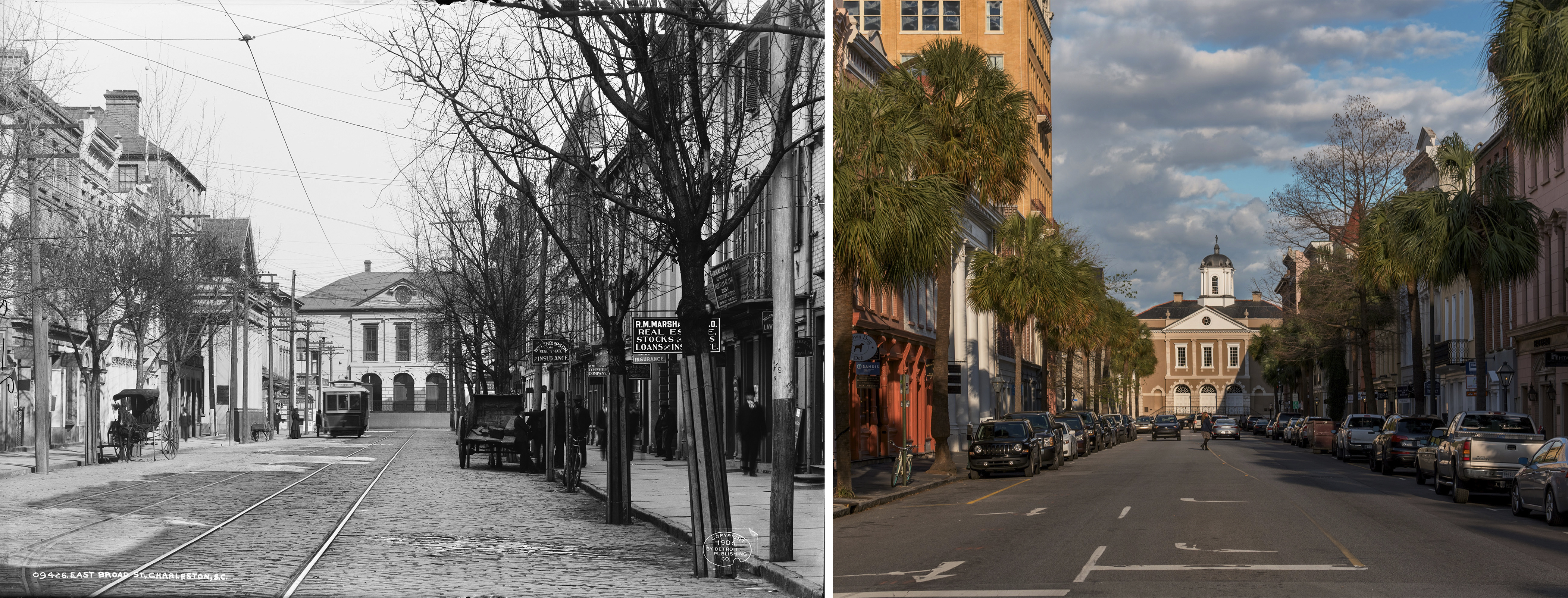 BROAD STREET: Time travelers from both the 1700s and the early 1900s would recognize the east end of Broad Street, particularly the Old Exchange Building, built between 1767 and 1771. By 1906, the Exchange had lost its original cupola (it was replaced in 1976), and the dirt street was paved with bricks and trolley tracks. This was the city’s business center, home to apothecaries, silversmiths, merchants, and, later, banking and law offices.