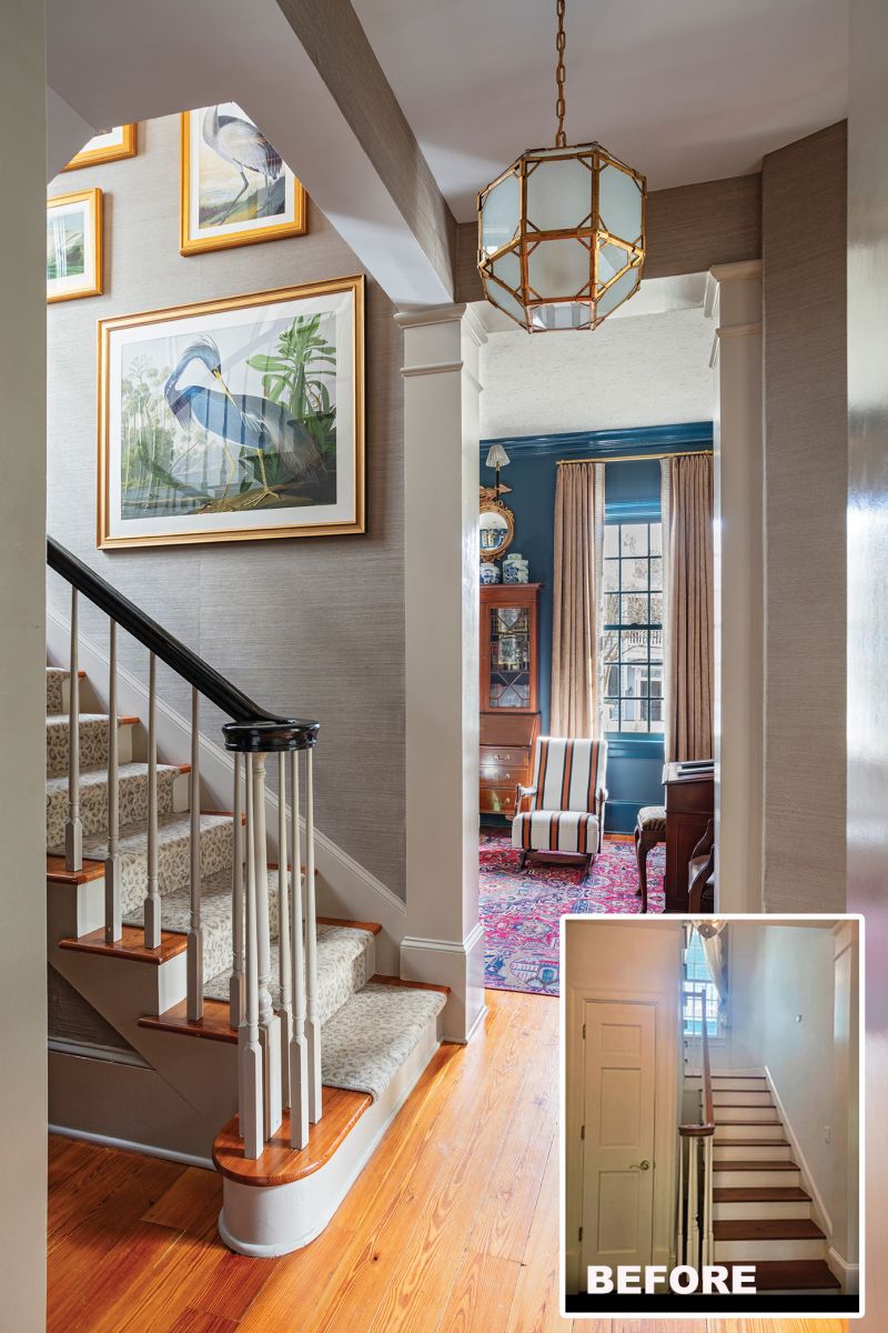 A contemporary light fixture from Visual Comfort above the stairs