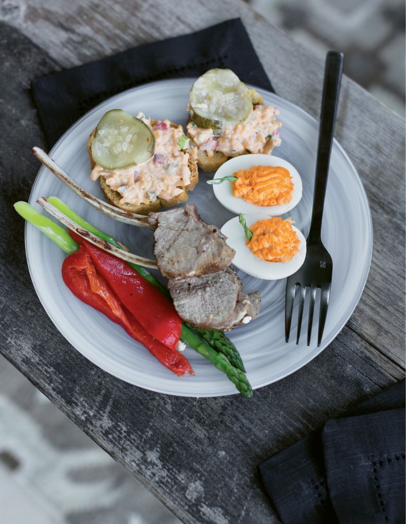 Veggies, chops, deviled eggs, and pimiento cheese; and oysters.
