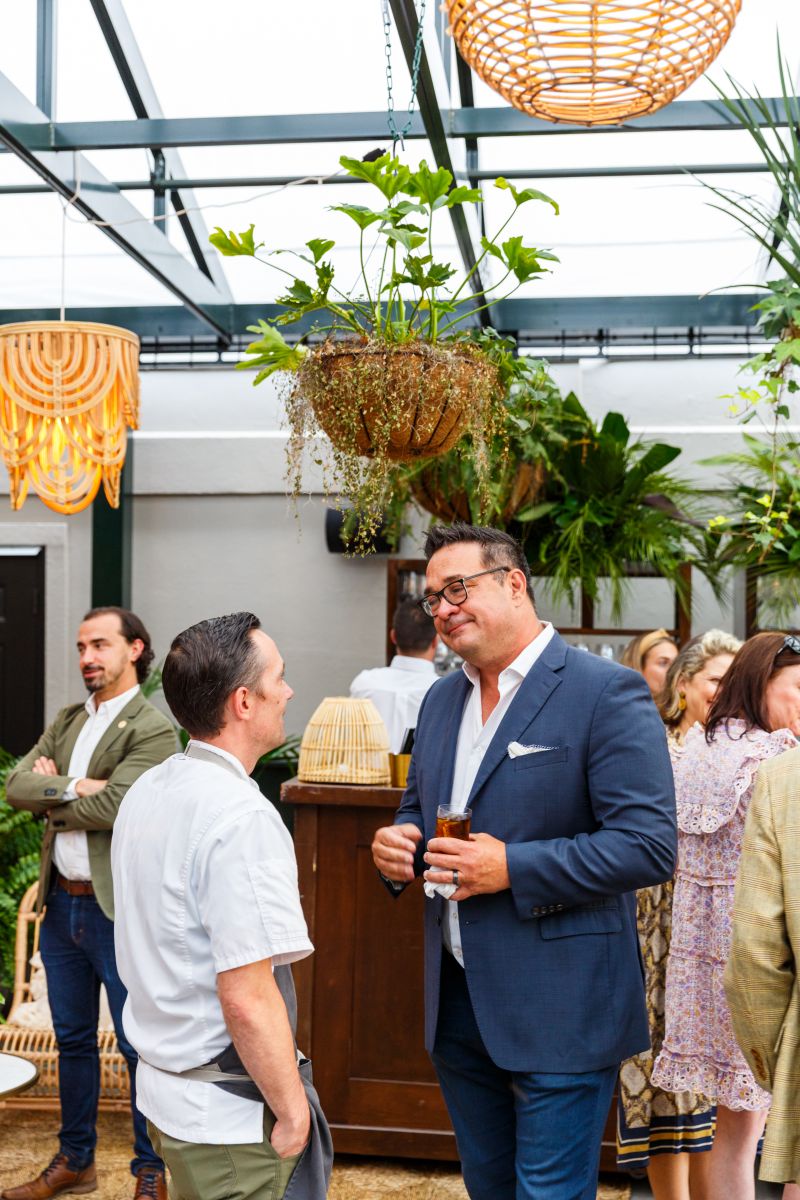 Frannie &amp; The Fox and Little Palm executive chef Tim Morton (left) chats with Ben’s Friends co-founder Steve Palmer.