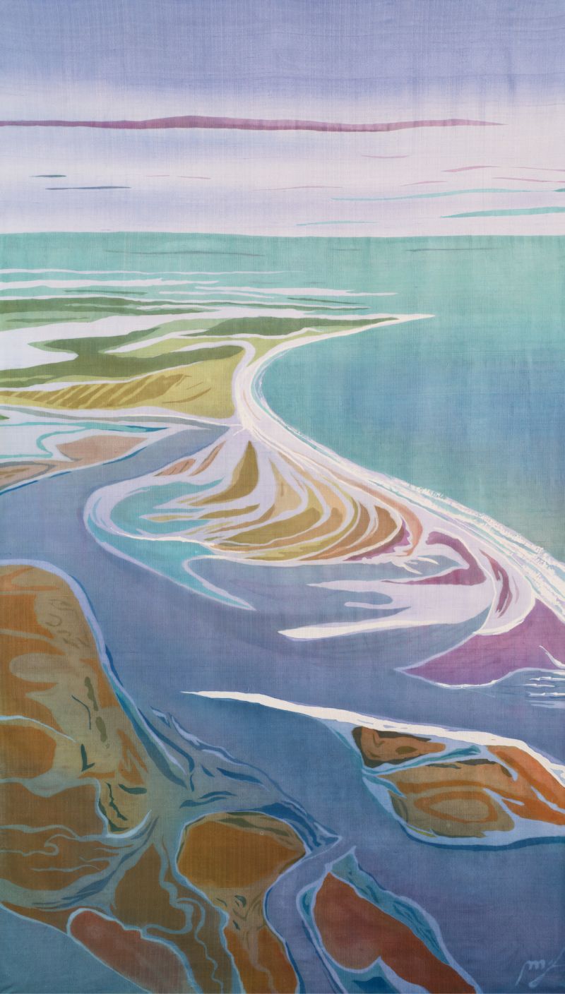 Delete Apathy: On her blog, Delete Apathy, and in her artwork, Fraser uses her “megaphone” to speak out on issues that concern her, including the threat of development on Kiawah’s Captain Sam’s Spit, pictured in her 2016 batik on silk Captain Sam’s Spit  (57.25 x 34.5 inches); image courtesy of Mary Edna Fraser