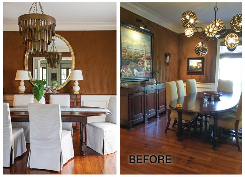Upon Reflection: For the dining room, a few key changes—new slipcovered hostess chairs from GDC Home, a less busy chandelier from Made Goods, and swapping the painting for a mirror—brightened up this dark room. Elebash kept the faux velvet-covered walls, offsetting them with plenty of white fabric and accent pieces.