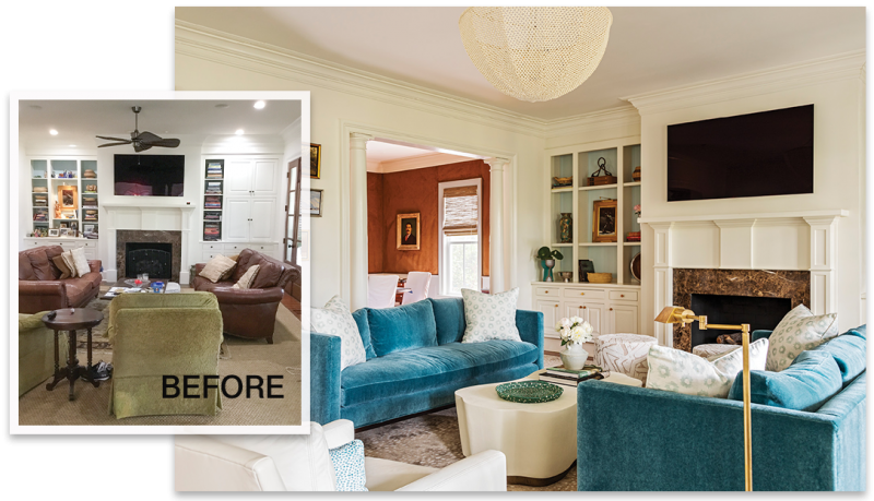 A Refreshing Upgrade: It’s astonishing what a new rug, a touch of woodwork, and a lick of paint can do to a room. The living room of this I’On home was given new life by designer Allison Elebash, who reworked the built-in bookshelves to be more decorative, added bright, colorful furniture—including two Lee Industries sofas upholstered in a bright blue mohair and a pair of white leather swivel chairs, ordered through GDC Home—and tied it all together with a large “Antelope” Stark area rug. Her touches of magic extended throughout the rest of the home with a cosmetic makeover of the main living spaces.