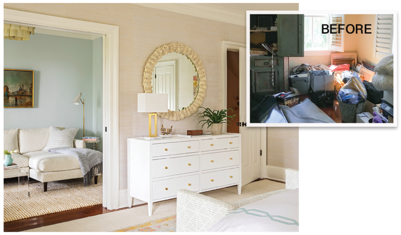 Lounge Around: The designer moved the television from above the bedroom dresser into the new sitting area (left), replacing it with a Palecek “Antigua” beaded mirror. A Lee Industries love seat in chenille fabric atop a custom wool rug provides the perfect spot for the couple to enjoy their morning coffee