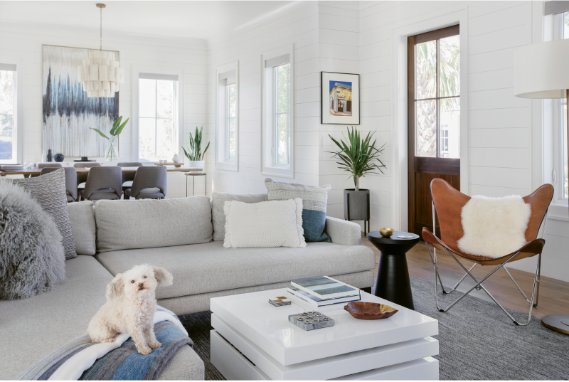 Wide-Open Spaces: Shiplap walls painted in Benjamin Moore’s “White Dove,” oak floors, and reclaimed beams set the stage for the open living area, including a cozy sectional sofa from West Elm where Mia the Maltipoo relaxes among pillows from Lyndon Leigh.