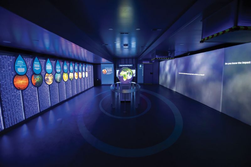 The Mobile Discovery Center: The first exhibit inside the unit, Water Is Life, illustrates its three states—liquid, gas, and solid.