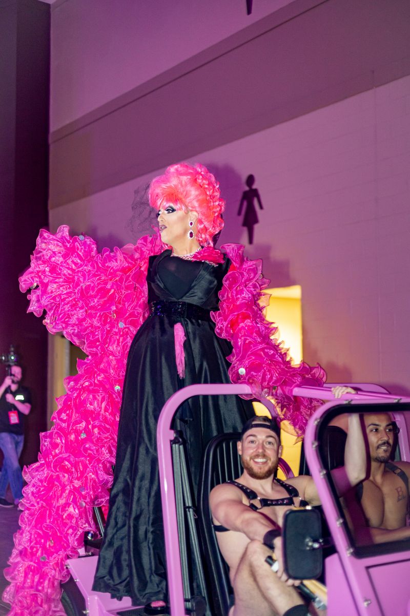 Patti O’Furniture, the evening&#039;s emcee, performs Bruce Springsteen’s “Pink Cadillac.”