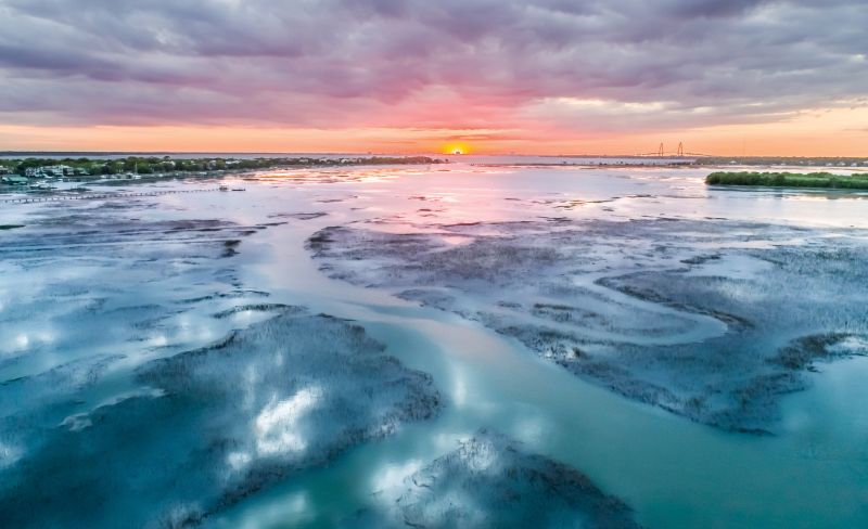 A drone shot of a rising spring tide (or “king tide”) near Sullivan’s Island in April 2017; photograph by Jason Ogden