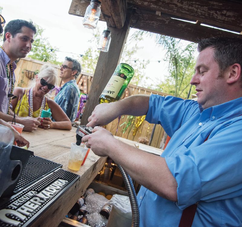 Members of the parade gathered on the back patio of  Prohibition for drinks and more live jazz.