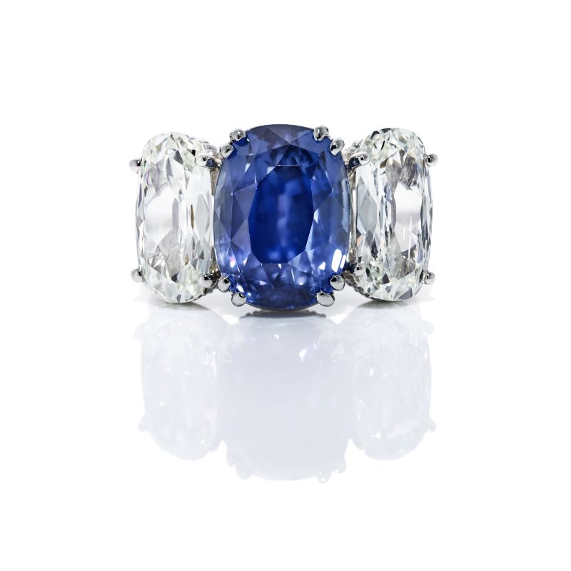 Kiersten Elizabeth Fine Jewelry GIA Certified 14.04 ct cushion-cut sapphire and cushion diamond platinum ring, $123,250 at kierstenelizabethfinejewelry.com