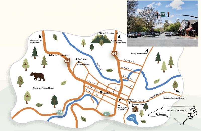 In the Village: Main Street in Highlands is lined with local and regional shops, boutiques, and cafes. Outdoor adventures, including waterfalls, hiking trails, and botanical gardens, are just a short drive away.