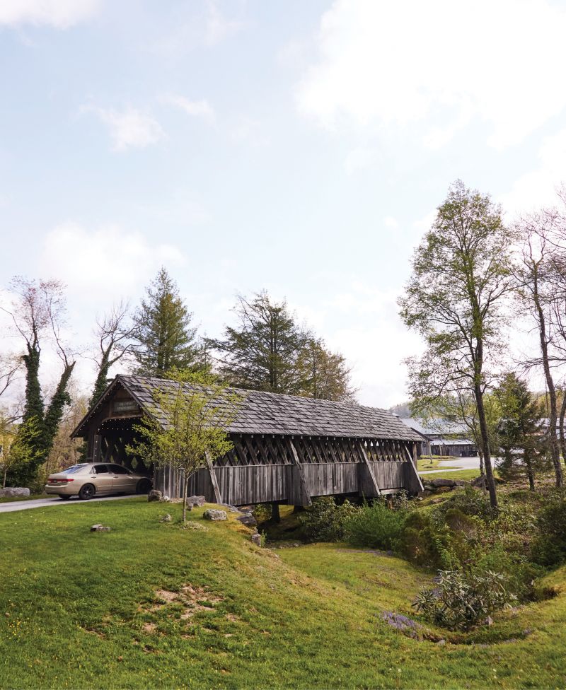 The covered bridge crossing at the entrance to The Bascom: A Center for Visual Arts in Highlands, located on a former horse farm. Exhibitions change regularly, and the grounds includes a nature trail.