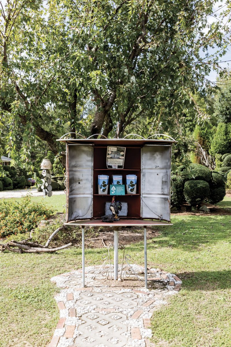 Welcome to the topiary world of Pearl Fryar, where feats of artistry and horticulture abound. Here, Fryar fashioned pieces of a garden gate and other scrap metal into a hinged kiosk (the doors can be swung closed) to house maps for visitors. It’s estimated that about 10,000 people tour the green space annually.