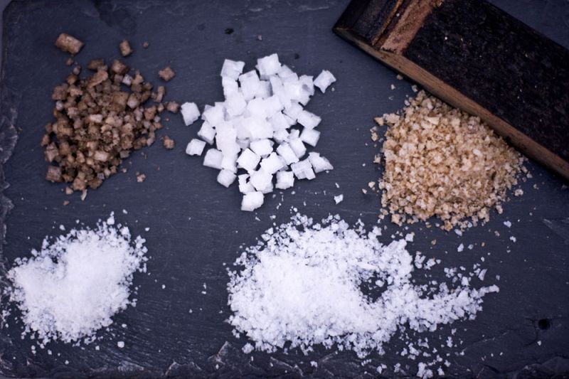 Oak smoked sea salt, Charleston sea salt, bourbon barrel smoked flake, Carolina flake, and margarita salt