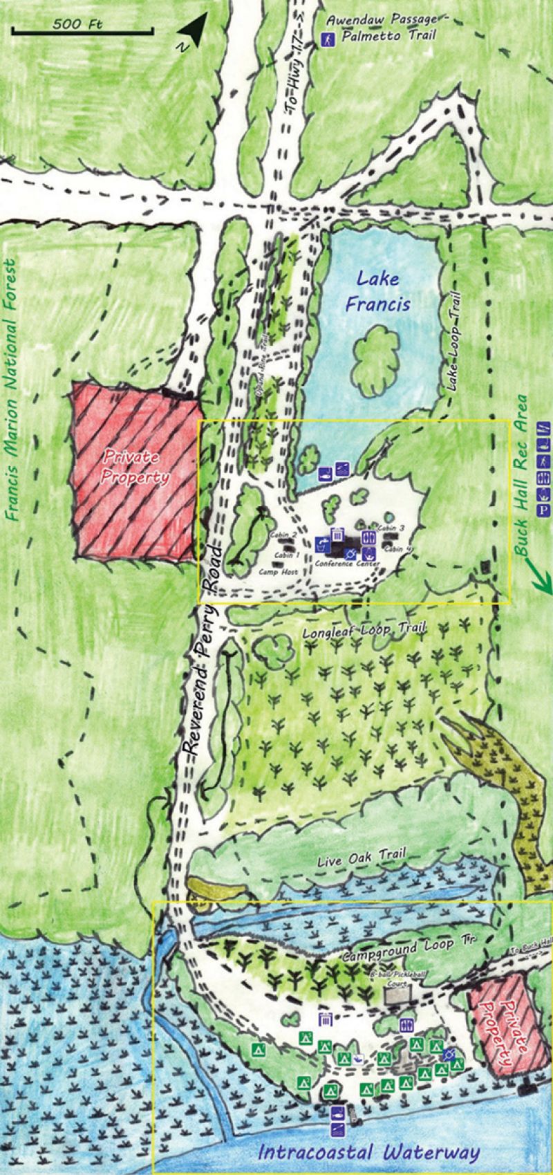 Nature Adventures Outfitters offers 15 no-frills campsites near Bulls Bay. It’s also the meeting place for the group’s naturalist-guided hikes and kayak excursions.