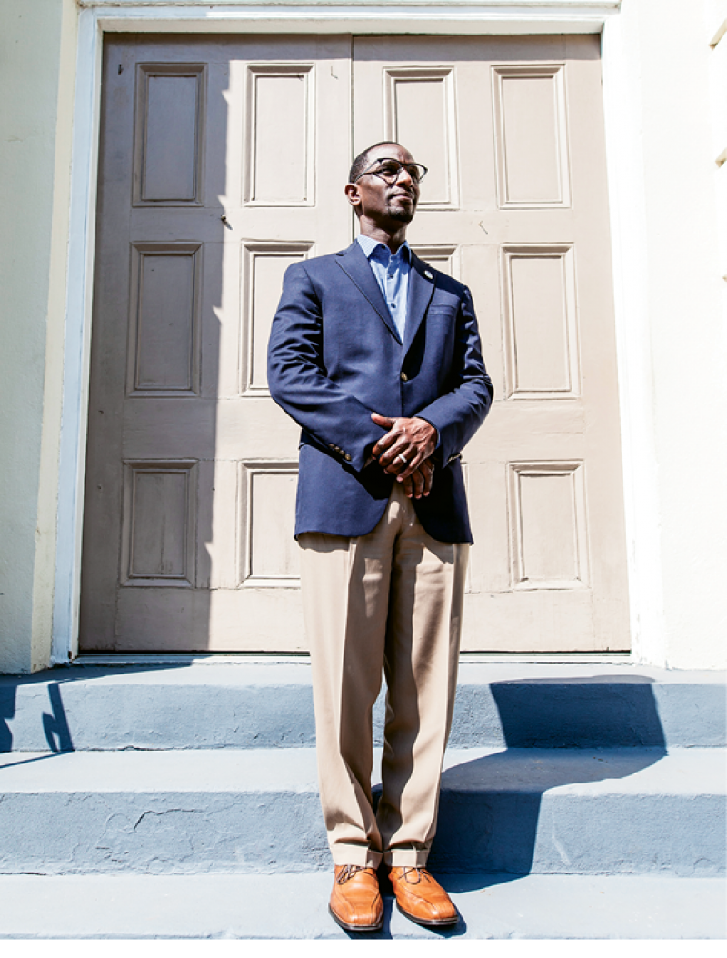Like Family: Rev. Dr. Kylon Middleton was like a brother to Clementa Pinckney. The two grew up going to AME youth leadership events, both graduated from the same divinity school, and both were ordained in the AME church. Shortly after Pinckney’s death, Middleton was called to pastor Mount Zion AME Church on Glebe Street, the daughter church to Mother Emanuel, where he now works to further the social justice issues so important to his friend, brother, and colleague. Photograph by Gately Williams