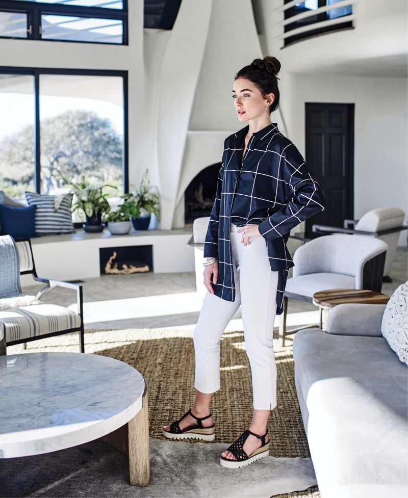 GRIDLOCKED - Akris Punto cotton tunic blouse in “Nero-Crema,” $795 at Gwynn’s of Mount Pleasant; Jude Connally “Lucia Ponte” pant, $188 at Jude Connally; Betty Carre brushed silver bangles, $126 for set of 3 at Out of Hand; Kendra Scott “Terra” silver ring set, $65 at Kendra Scott; Bibi Lou braided black platform sandals, $130 at Shoes on King
