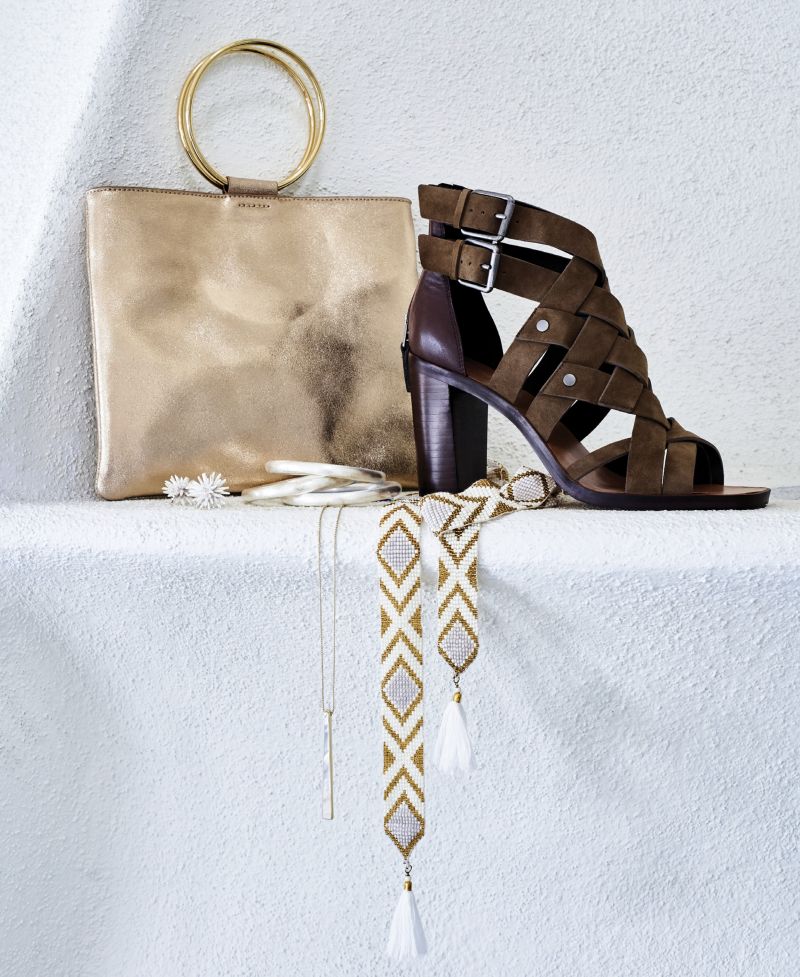 FINISHING TOUCHES - Thacker “Le Pouch” bag in “gold,” $148 at Maris DeHart; Dolce Vita “Noree” suede heels in “olive green,” $170 at Shoes on King; Gretchen Scott woven beaded belt, $55 at Gretchen Scott; Betty Carre brushed silver bangles, $126 for set of 3 at Out of Hand; Kendra Scott “Baleigh” pendant necklace in “ivory mother of pearl,” $95 at Kendra Scott; Karine Sultan “Fiji Reef” stud earrings, $48 at Croghan’s Jewel Box