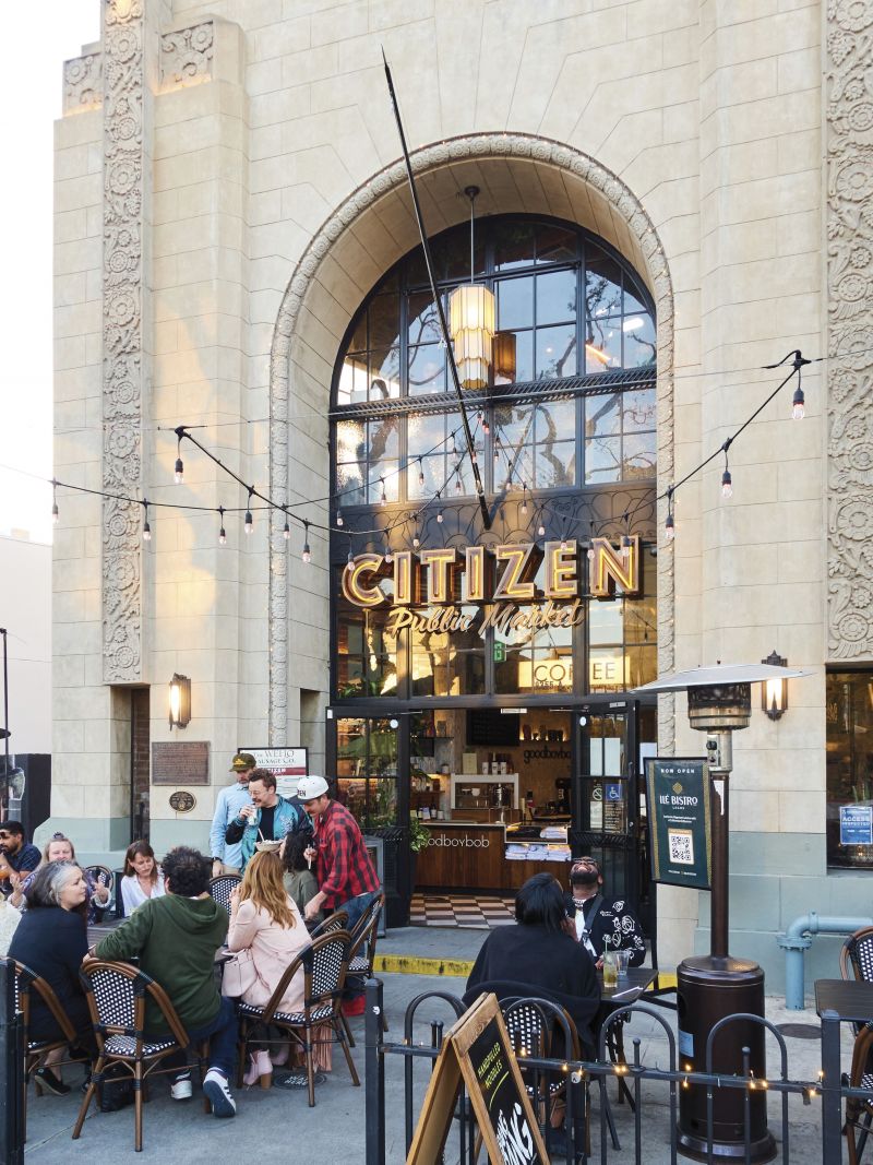 Café seating at the Citizen Public Market food hall.