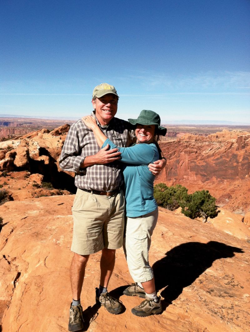 Vital Vistas: As a girl, Fraser and her family explored rugged far reaches in an Airstream. The artist still enjoys hiking and camping, whether in the mountains or in national parks.  At Canyonlands with her husband, John Sperry), photograph courtesy of Mary Edna Fraser