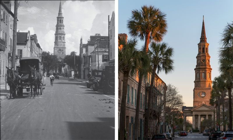 CHURCH STREET: In the last century, this iconic view has changed little, save for the towering palms and modern modes of transportation. Popularly believed to reference St. Philip’s Episcopal Church, the street’s name came instead from either the French Huguenot Church built at the corner of Queen Street in 1687, the Baptist Meeting House at 61 Church dating to 1699, or both. While St. Philip’s is the oldest religious organization in South Carolina, it was originally located at the corner of Broad and Meeting, where St. Michael’s currently stands.