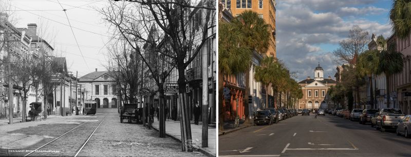 BROAD STREET: Time travelers from both the 1700s and the early 1900s would recognize the east end of Broad Street, particularly the Old Exchange Building, built between 1767 and 1771. By 1906, the Exchange had lost its original cupola (it was replaced in 1976), and the dirt street was paved with bricks and trolley tracks. This was the city’s business center, home to apothecaries, silversmiths, merchants, and, later, banking and law offices.