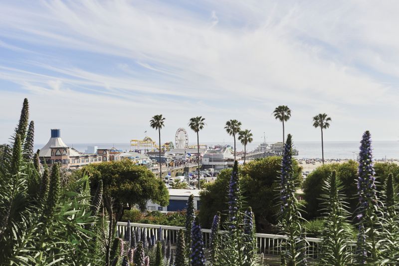 Carolina to California:  About 2,200 miles west from Charleston (as the plane flies), LA style begins. Here, a view toward the carousel-topped Santa Monica pier.