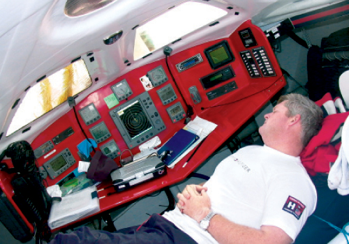 At the nav station, he sleeps in catnaps that average 26 minutes.